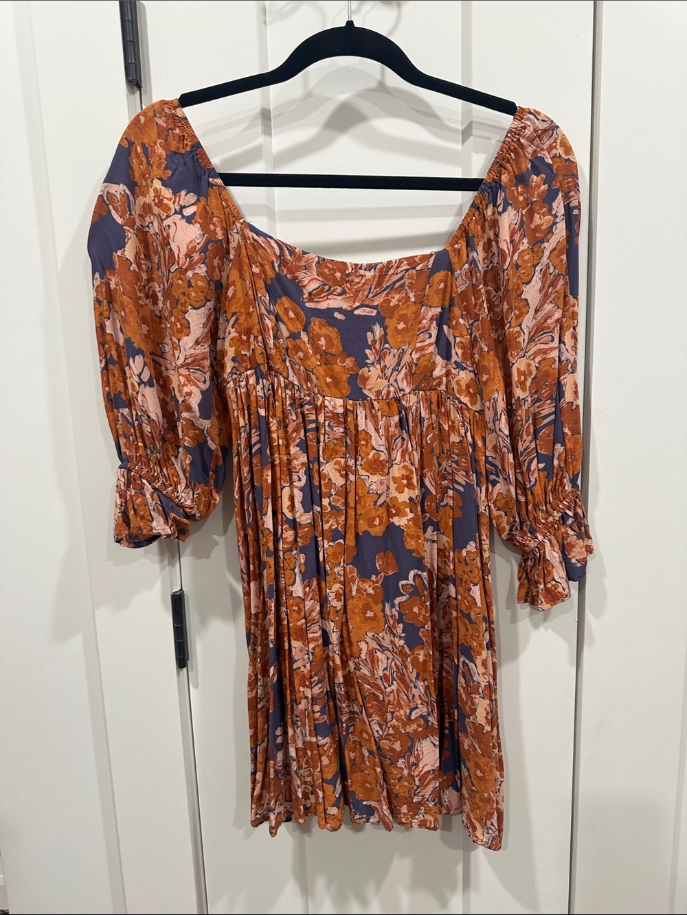 Rust Floral Puff-Sleeve Mini Dress with Square Neckline